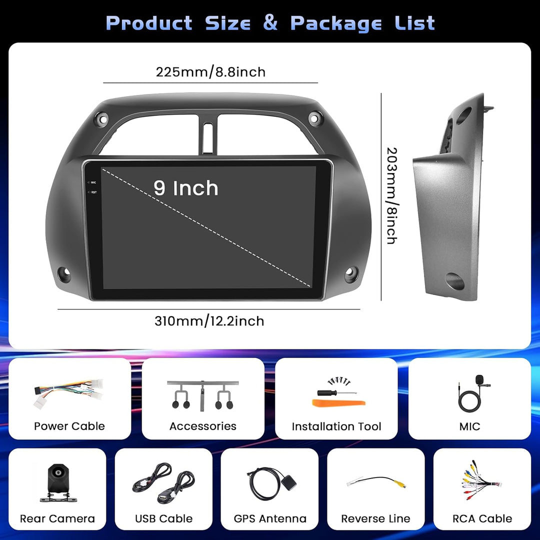 Hikity 4+128G 9" Android Autoradio für Toyota RAV4 2001-2006 | Incell Touchscreen Wireless Carplay A