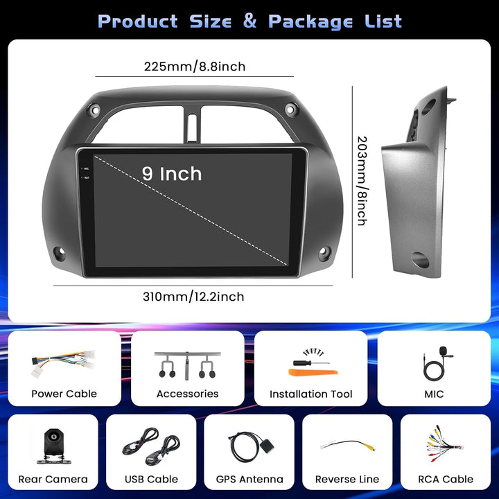 Hikity 4+128G 9" Android Autoradio für Toyota RAV4 2001-2006 | Incell Touchscreen Wireless Carplay A