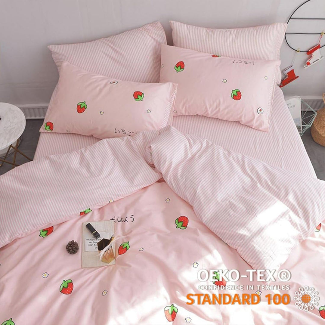 Freyamy Kinderbettwäsche 135x200cm 2teilig Rosa Rot Cartoon Erdbeere Kinder Wendebettwäsche Gebürste