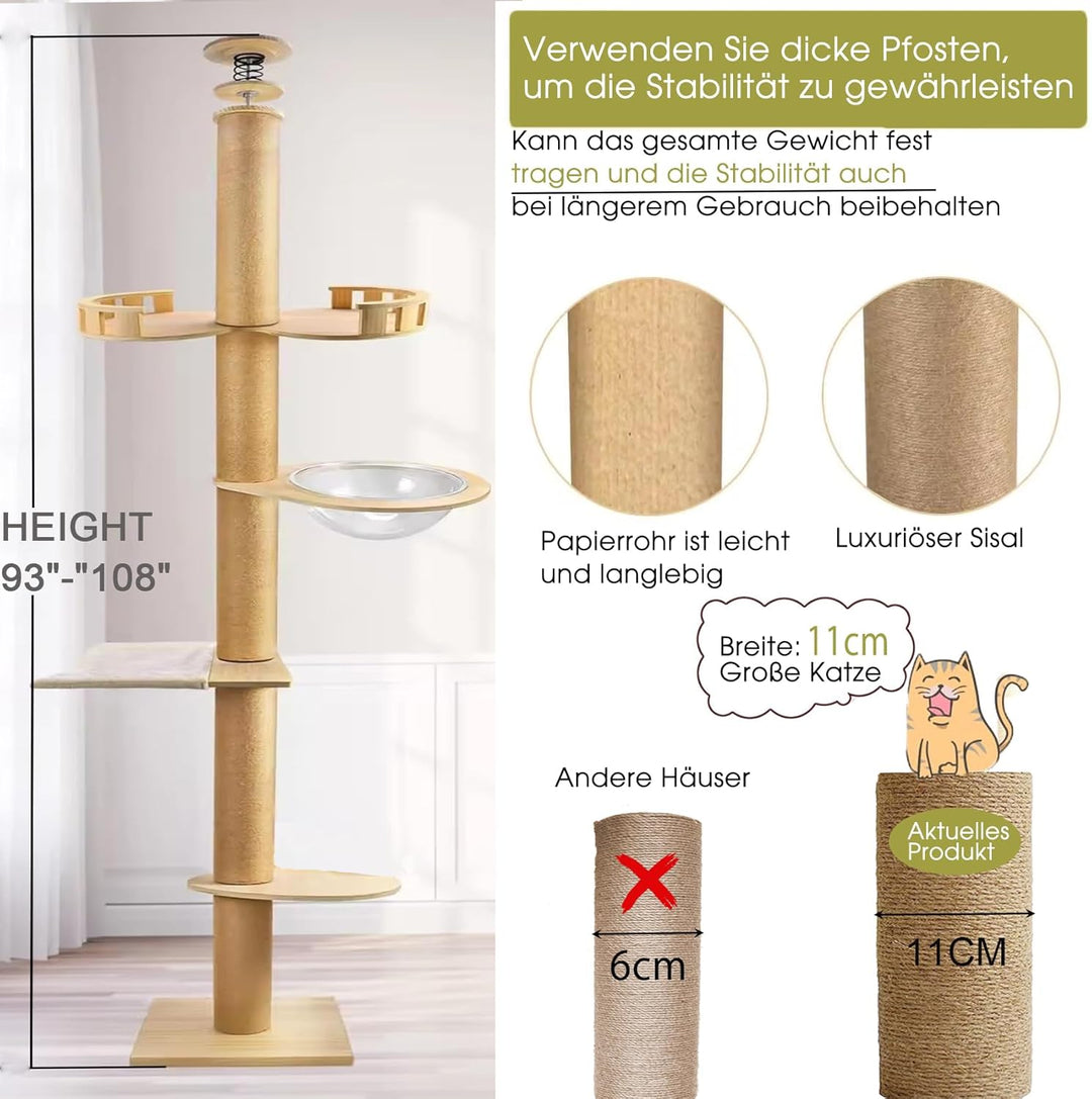 Kratzbaum deckenspanner,Raumkapsel,Katzenhängematte, Vollständig mit Sisalseil umwickelt,Breite von