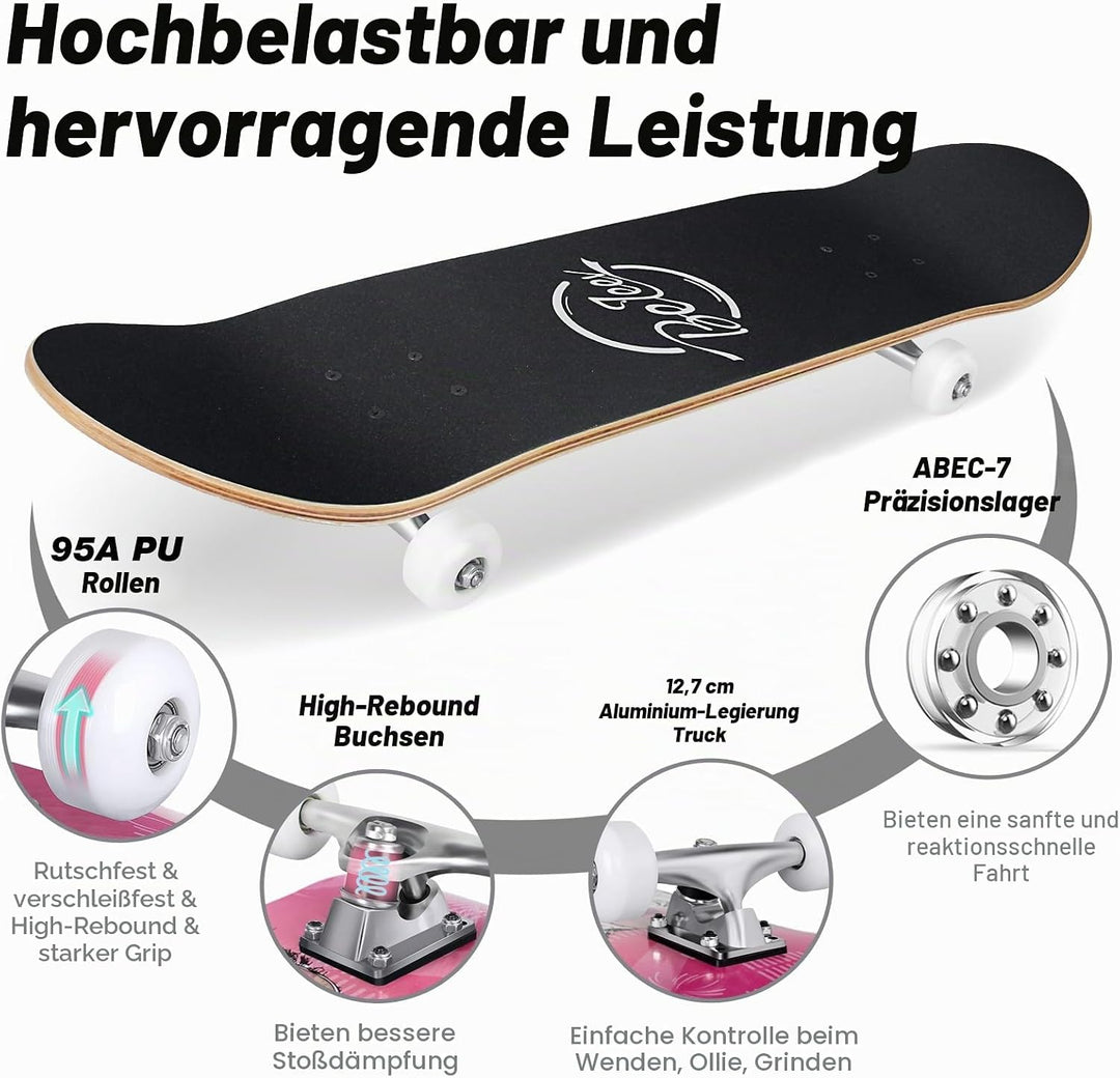 BELEEV Skateboard 31x8 Zoll Komplette Cruiser Skateboard für Kinder Jugendliche Erwachsene, 7-Lagige
