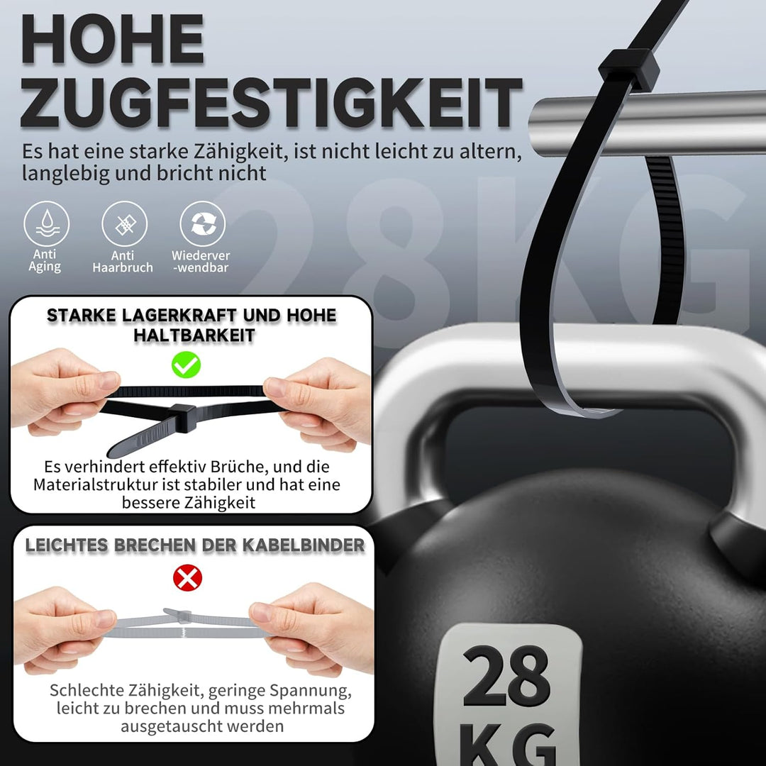 ZENIX Kabelbinder Schwarz 4.8mm x 200mm, 1100 Stück Kabelbinder UV Beständig lang, Schwarze Binder m