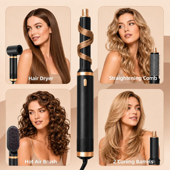 5 in 1 Hairstyler Warmluftbürste mit Aufsätzen - Rotierende Lockenbürste Elektrisch, Föhn Rundbürste