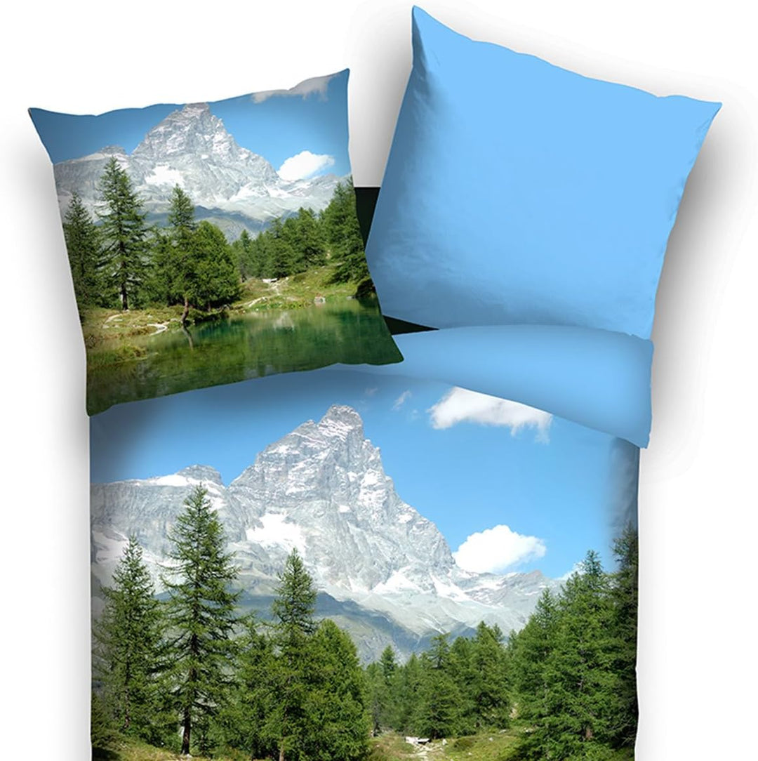Traumschlaf Renforce Bettwäsche Set • Panorama Look Bergsee • Pflegeleicht • mit Reissverschluss • 1