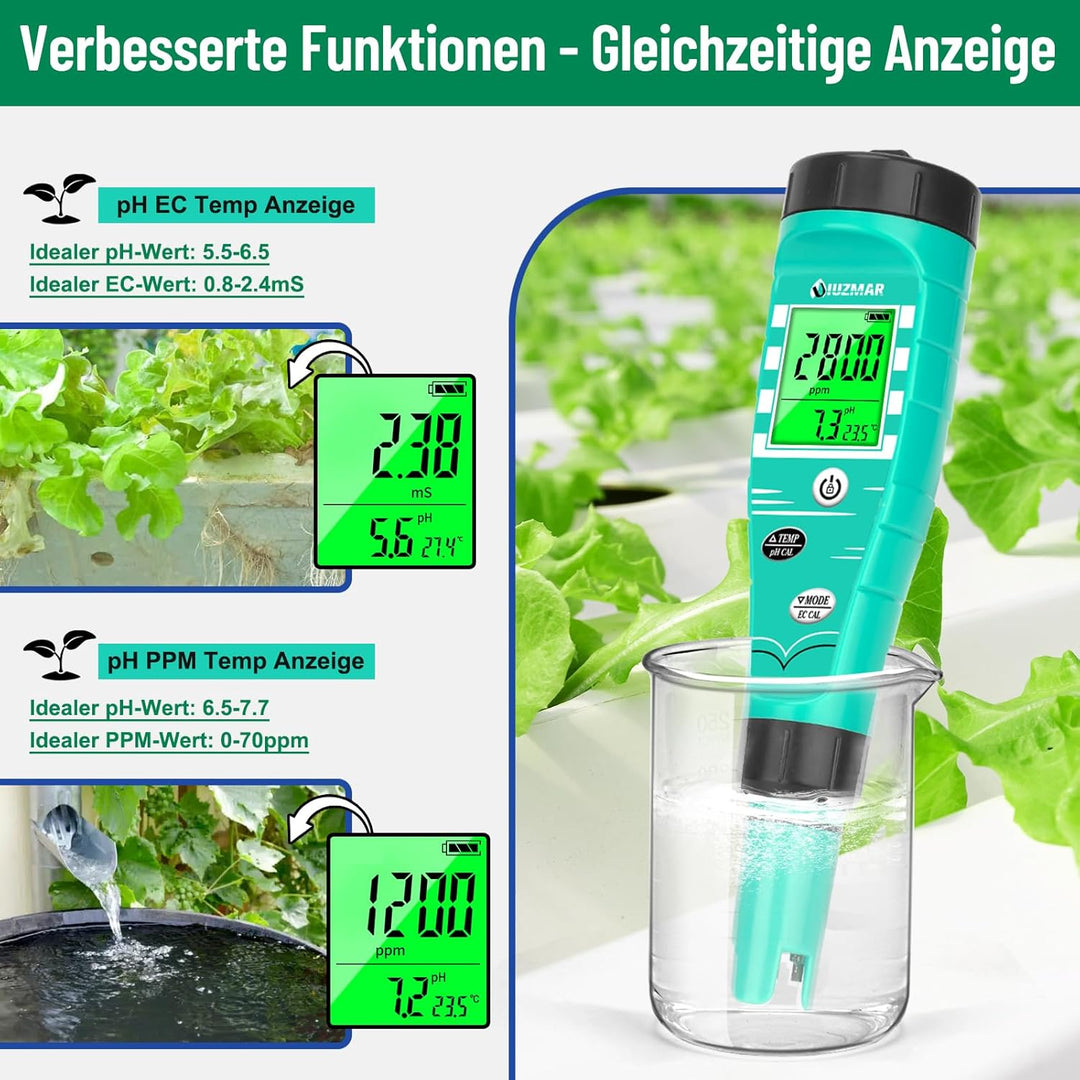 pH Wert Messgerät Hydroponik, pH EC Messgerät Grow, PPM pH Messer für Wasser Hydroponik, Gleichzeiti