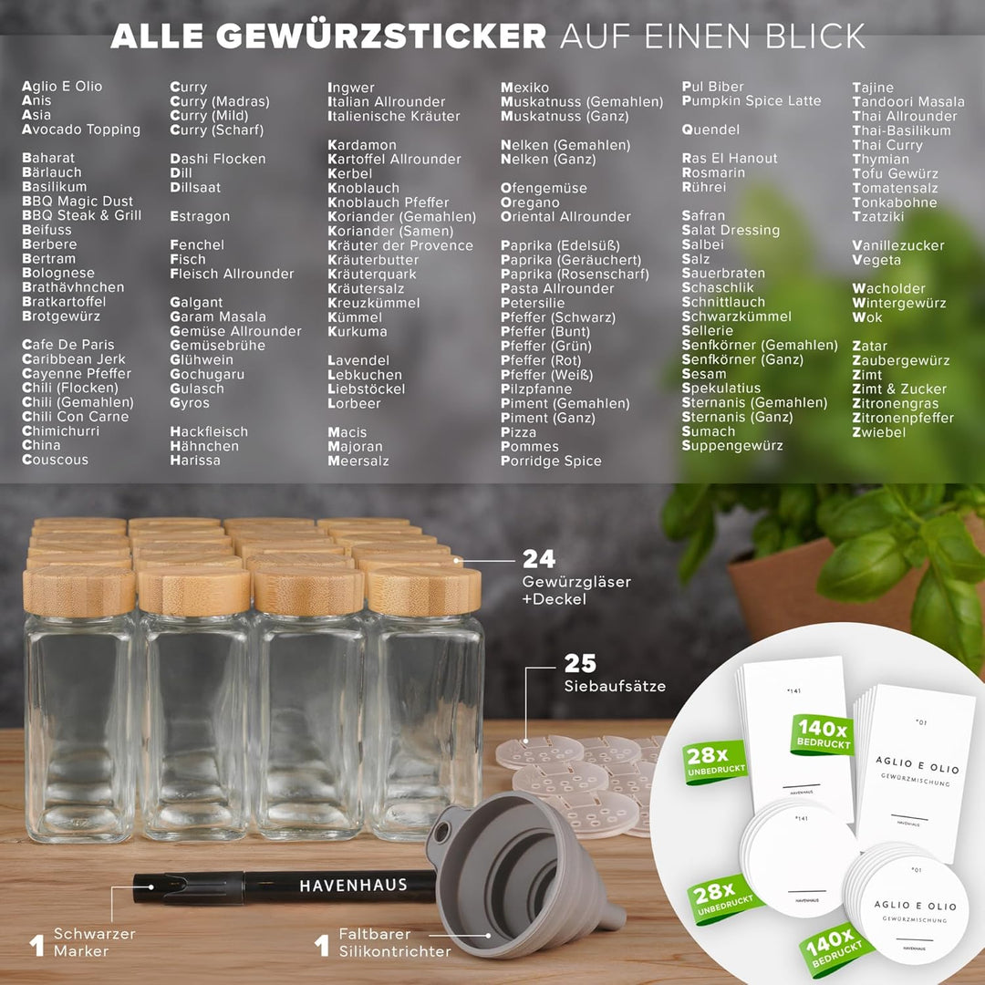 Havenhaus Premium Gewürzgläser Set Bambus | 24 Gewürz Organizer inkl. 336 deutschen Gewürzetiketten