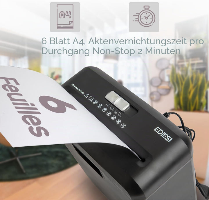 Ediesi, Aktenvernichter, für Haus und Büro, Papierschredder, Bis zu 6 Blatt, für Kreditkarten, CDs u