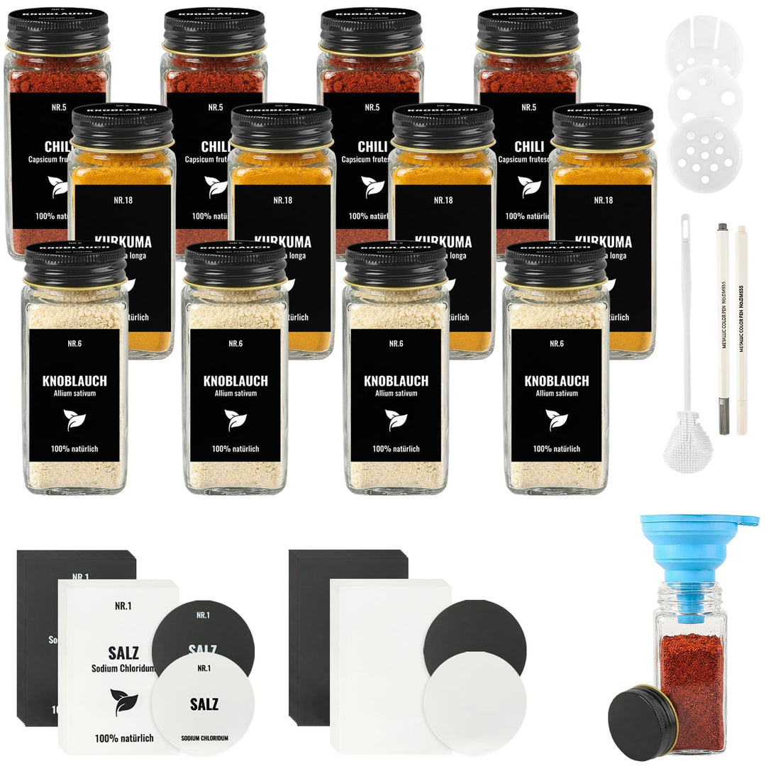 12pcs Gewürzgläser Eckig mit Aluminiumdeckel, 120ml Glasbehälter mit Streueinsatz, Luftdichte Gewürz