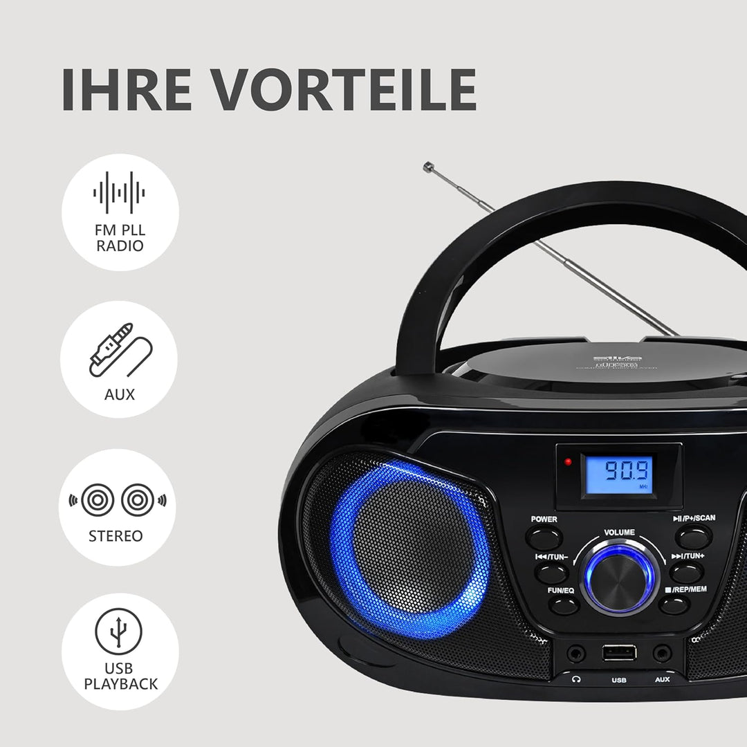 Silva Schneider MPC 25.4 USB – Tragbarer CD-Player mit UKW-Radio, USB für MP3, AUX & Kopfhöreranschl