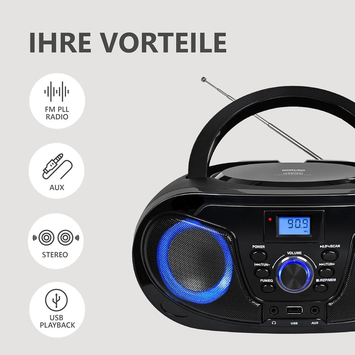 Silva Schneider MPC 25.4 USB – Tragbarer CD-Player mit UKW-Radio, USB für MP3, AUX & Kopfhöreranschl