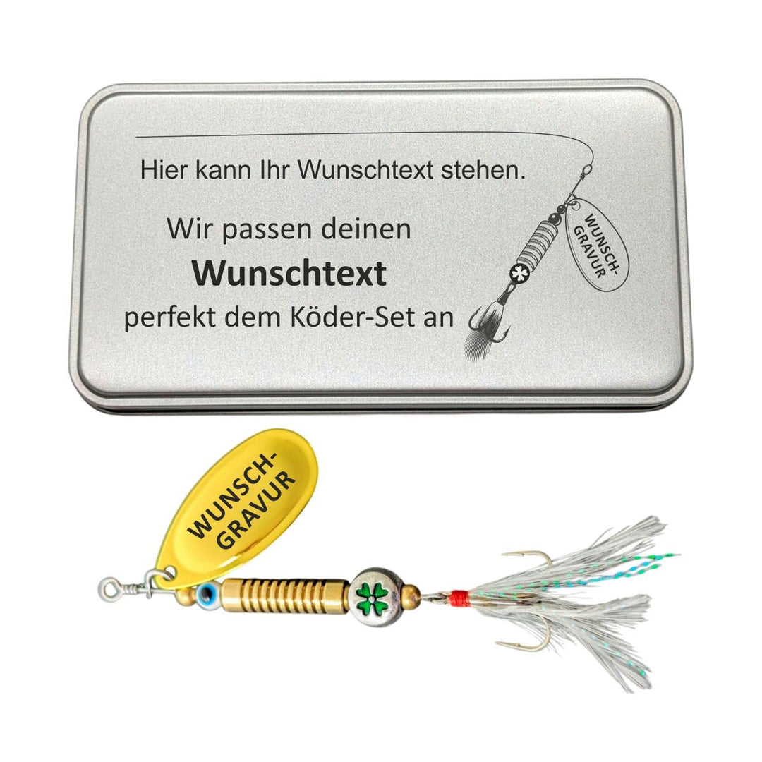 Anglergeschenk mit Gravur - Männer - Frauen - Angelköder - Angelhaken - Spinner - Glücksfisch (Wunsc