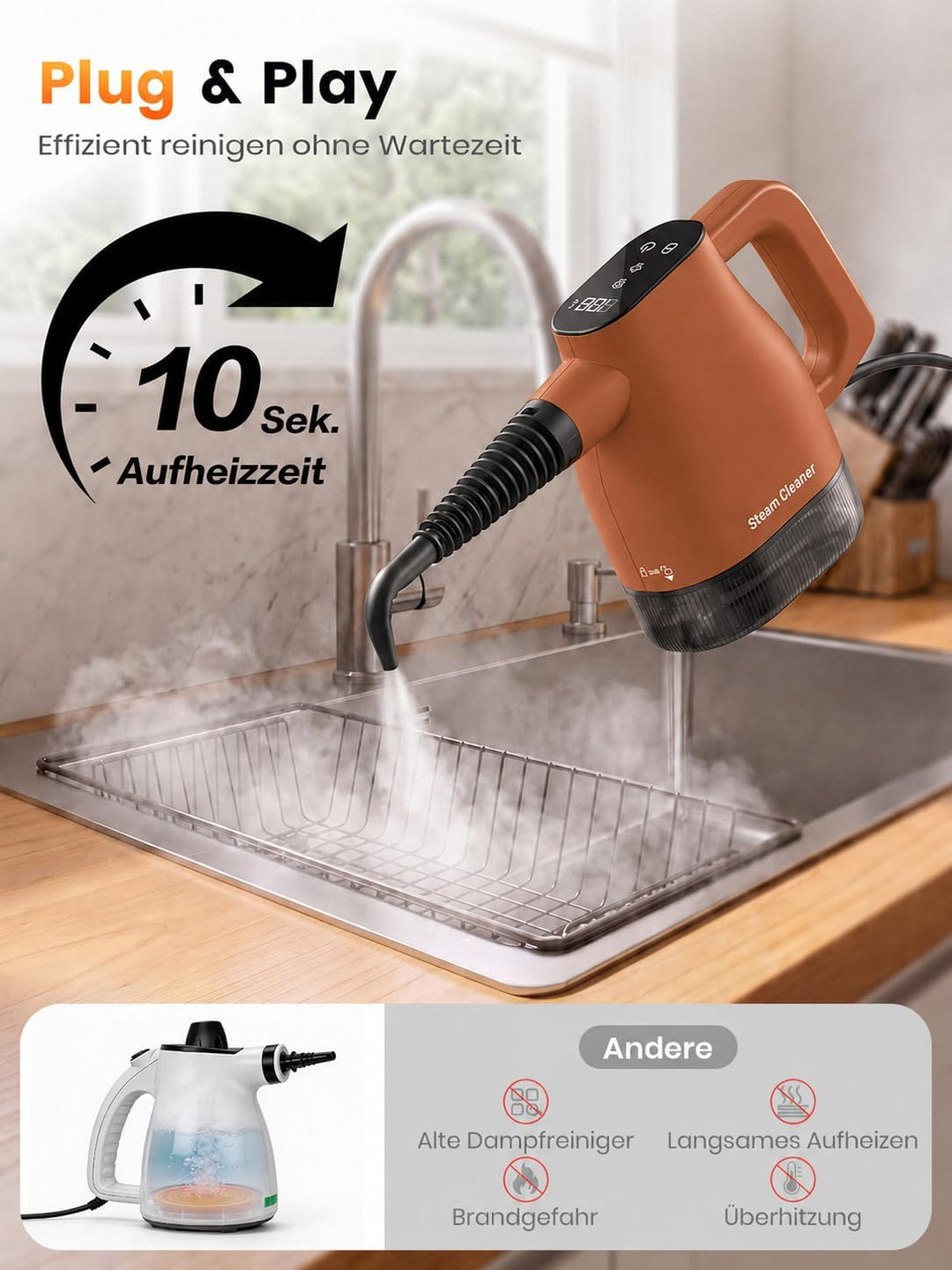 Handdampfreiniger für Zuhause, 15s sofortige Aufheizung mit 400ml Tank &amp; 9 Zubehörteilen – Leichter