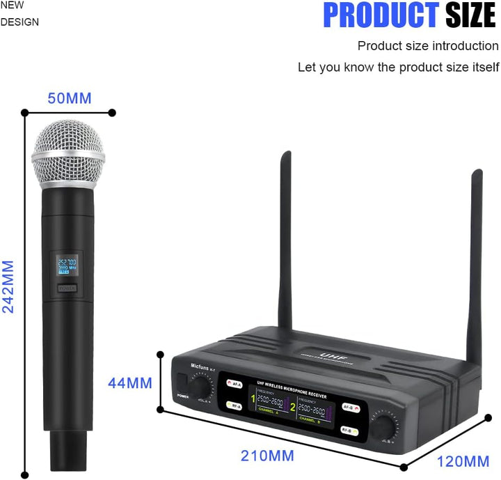 micfuns K7 Professional Mikrofon-Sets Wireless 2 Handheld VHF 230-250 MHz Mikrofonsystem 100 m Entfe