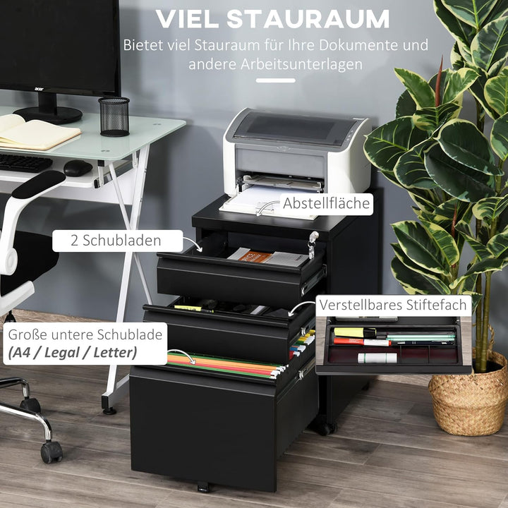 Vinsetto Rollcontainer mit 3 Schubladen Aktenschrank Büroschrank mit Rädern Bürocontainer mit konkav