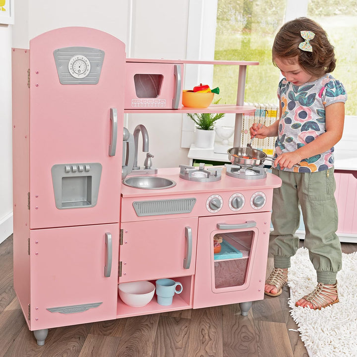 KidKraft Rosa Vintage Spielküche aus Holz mit Kindertelefon, Kinderküche mit Retro Kühlschrank, Spie