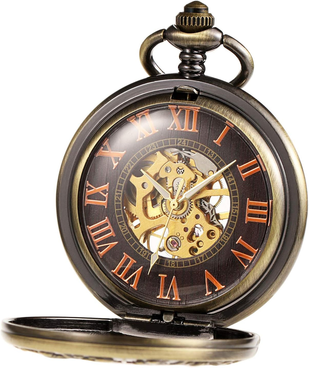 TREEWETO Unisex Holz Taschenuhr mit Kette Analog Handaufzug Römische Ziffern Mechanisch Steampunk Sk