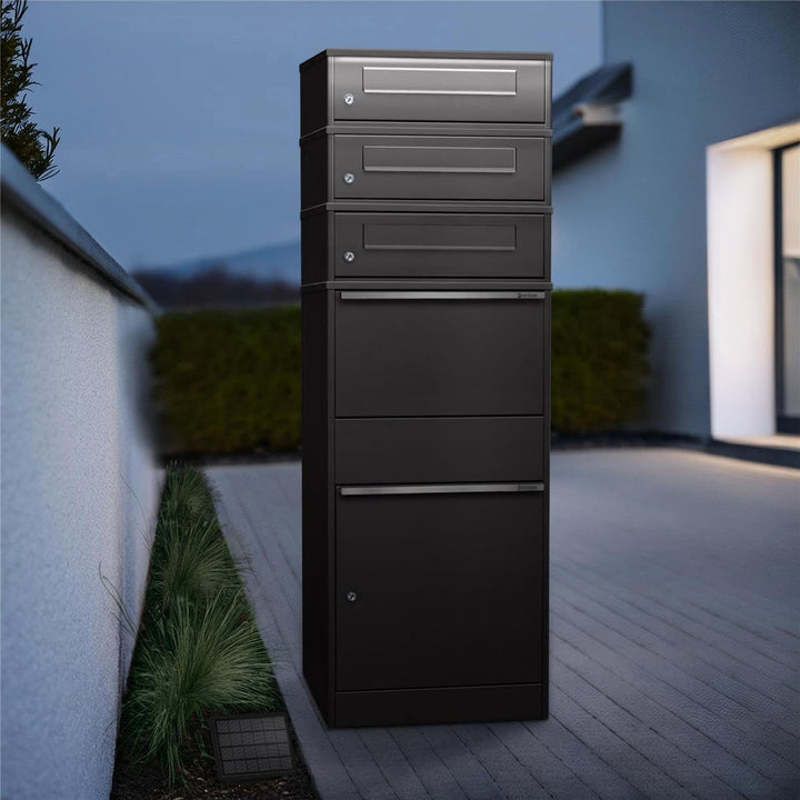 Metzler Paketbox mit LED-Solarbeleuchtung und DREI Briefkästen, abschliessbar und wetterfest in Eise