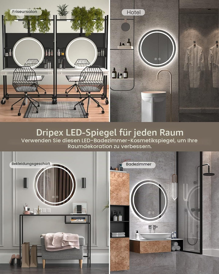 Dripex Badspiegel mit Beleuchtung Rund Led Spiegel mit Touch-Schalter, Dimmbar, 3 Lichtfarbe Einstel
