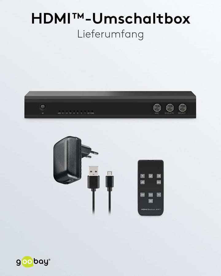 goobay 58490 HDMI Umschaltbox mit Audio Ausgang/HDMI Verteiler unterstützt Auflösungen bis zu 4K@60H