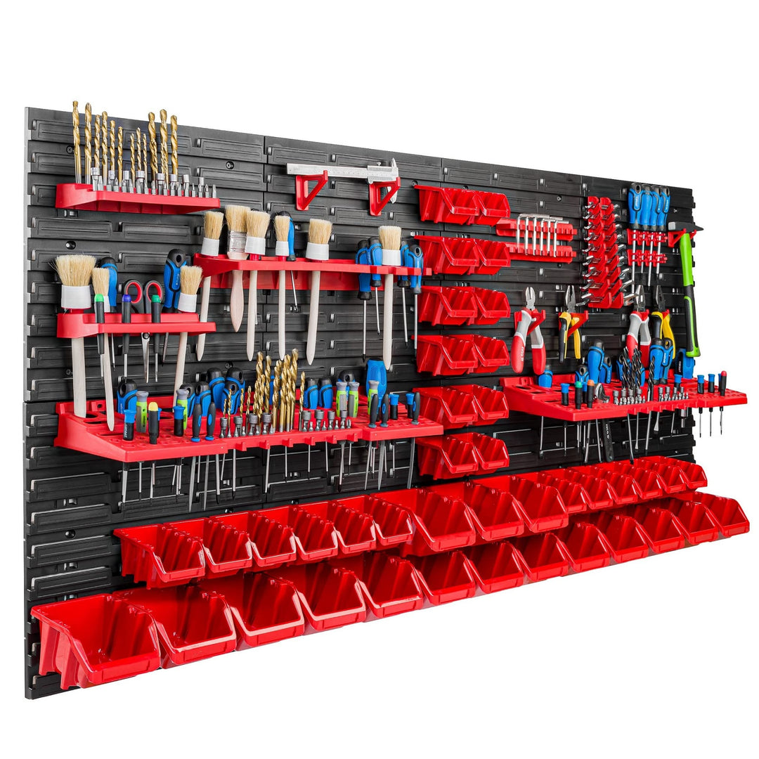 Lagersystem Werkstattregal | 156 x 78 cm | 40 stck. Box | Wandregal mit Werkzeughalterungen und Stap