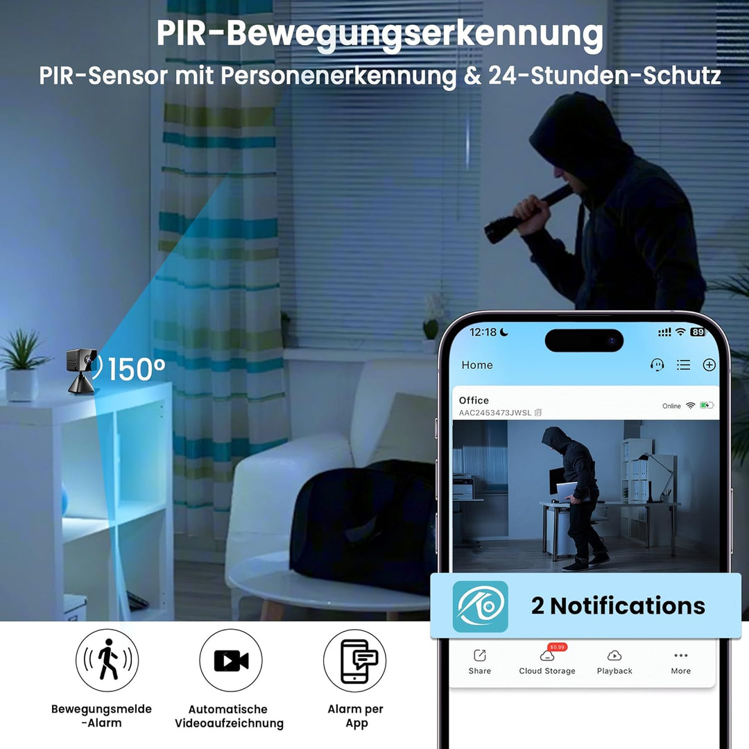 javiscam Mini Kamera inklusive Eurostecker,4K WiFi Überwachungskamera Innen Akku mit Nachtsicht, Kam
