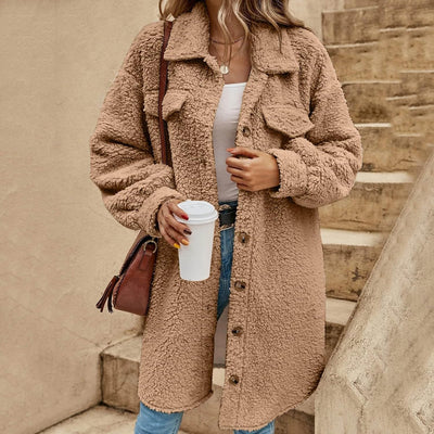 Fleecemantel Damen Lang -Wintermantel Dame Elegant Trenchcoat Winter Teddy-Fleece Mantel Warm Lange