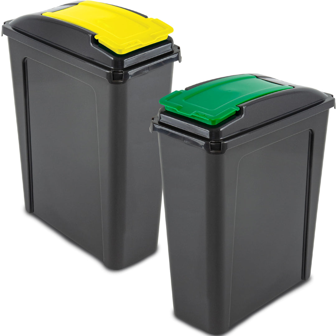 2x 25 Liter Mülltonne Schwarz-Gelb-Grün, Mülleimer Küche 2 Fächer, Mülltrennsystem, Abfalleimer Küch