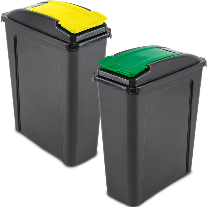 2x 25 Liter Mülltonne Schwarz-Gelb-Grün, Mülleimer Küche 2 Fächer, Mülltrennsystem, Abfalleimer Küch