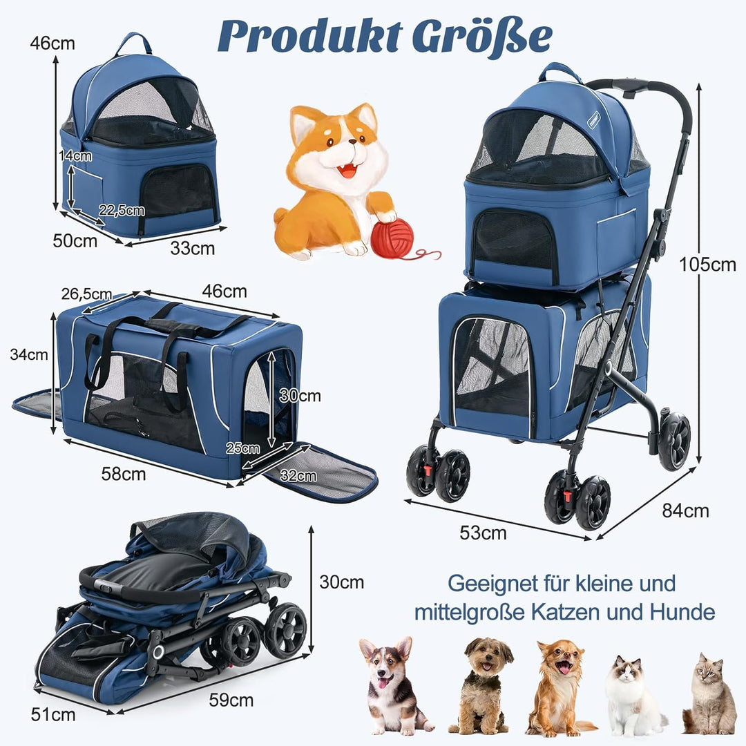 COSTWAY 3 in 1 Hundewagen, Hundebuggy 2 Etagen mit Netzfenstern &amp; Taschen &amp; Polstern, Oxford &amp; Metal