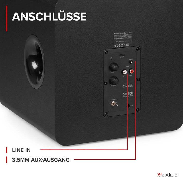 Audizio SW80D Subwoofer Aktiv - 160 Watt - 8 Zoll, Leistungsstarker Aktiv Subwoofer Heimkino - Für K