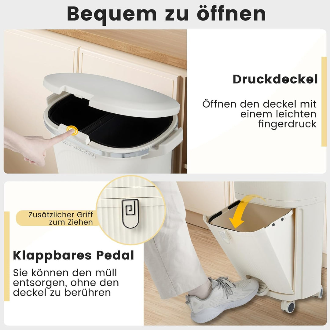 COSTWAY Mülleimer Küche, Mülltrennsystem 3 Fächer, 2 x 12L Inneneimer & 14L Treteimer, Abfalleimer m