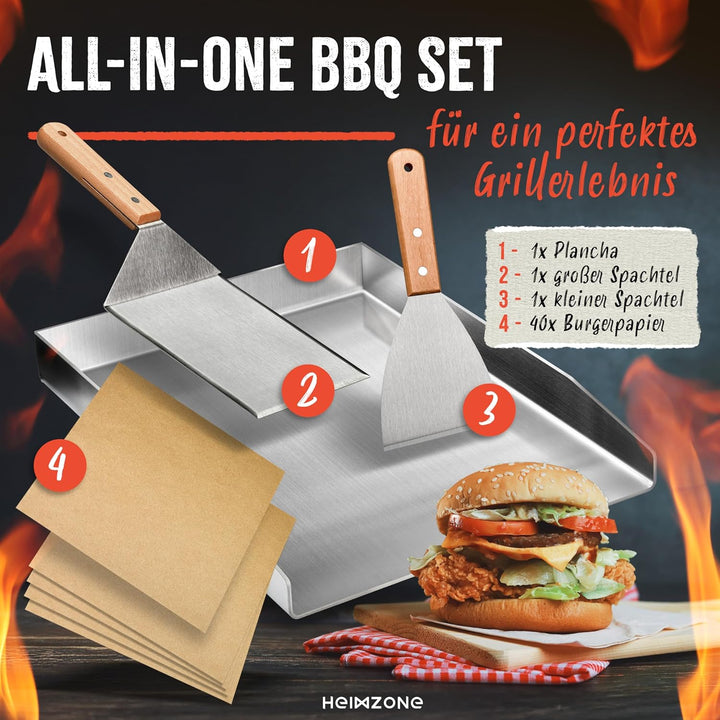 HEIMZONE® Plancha Grillplatte 40x30cm [NEUE VARIANTE 2026] - Edelstahl-Platte mit auslaufsicheren Ec