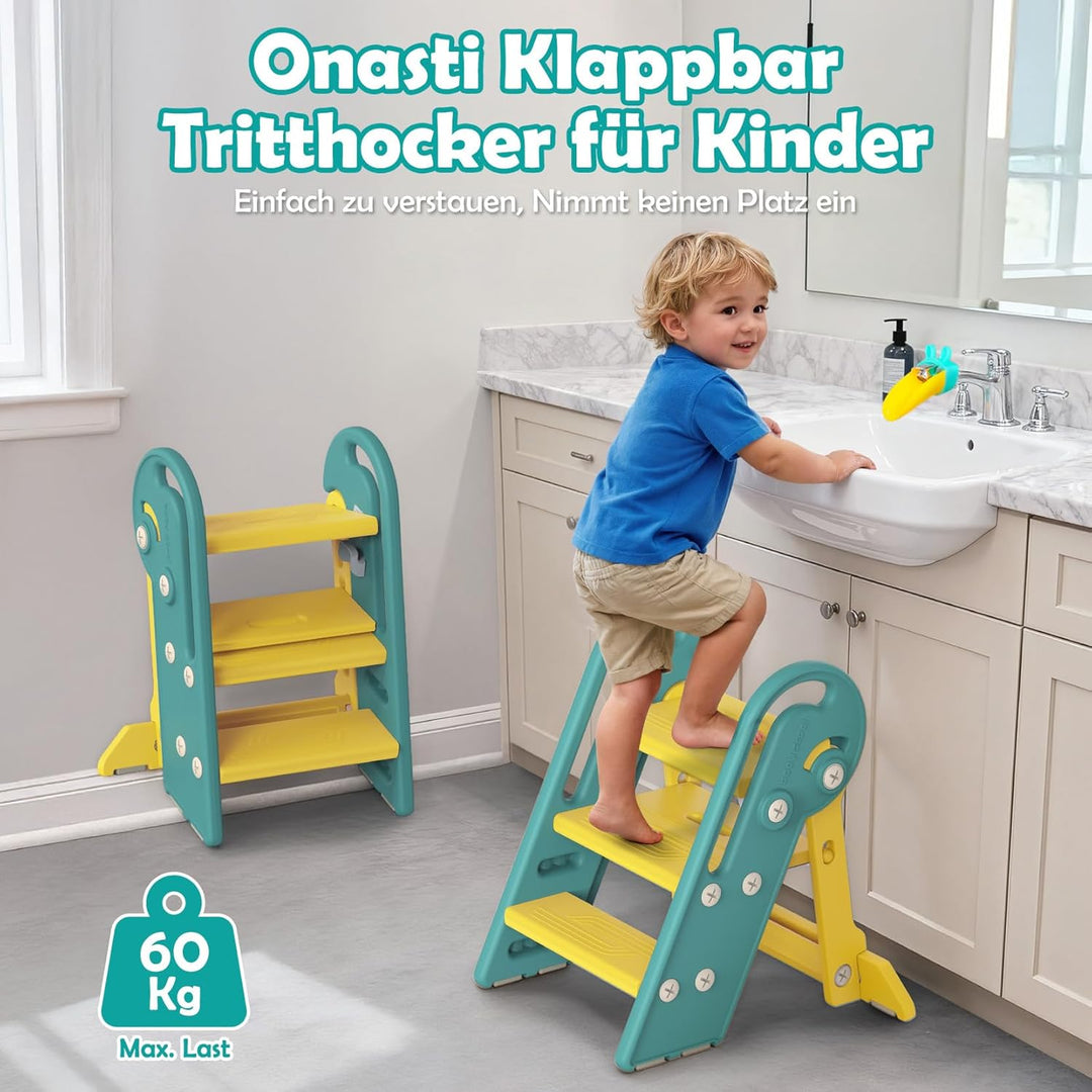 Onasti Tritthocker Kinder, Höhenverstellbar 3 Stufen Hocker Kinder, Trittschemel für Baby mit Handha
