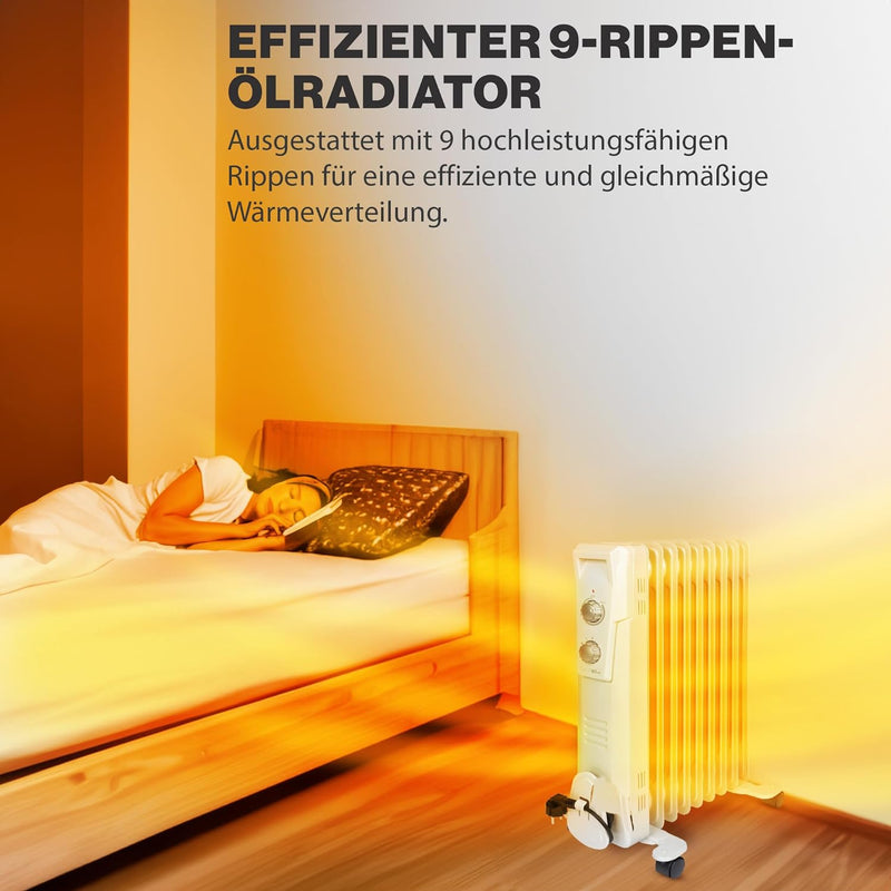 Clatronic RA 3736 9 Rippen-Ölradiator, mobiler Heizkörper, 2000 Watt, stufenloser Thermostatregler,