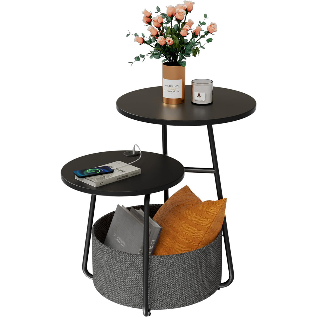 Rolanstar Beistelltisch Rund, Kleiner Tisch mit Ladestation, Runder Couchtisch mit grossem Stoffkorb