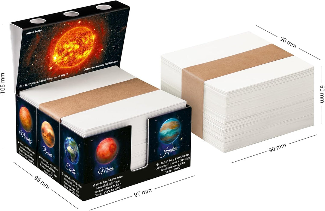 Zettelbox „SOLAR SYSTEM“ aus stabil verklebtem Vollkarton, Notizzettel aus kräftigem Papier (1er-Set