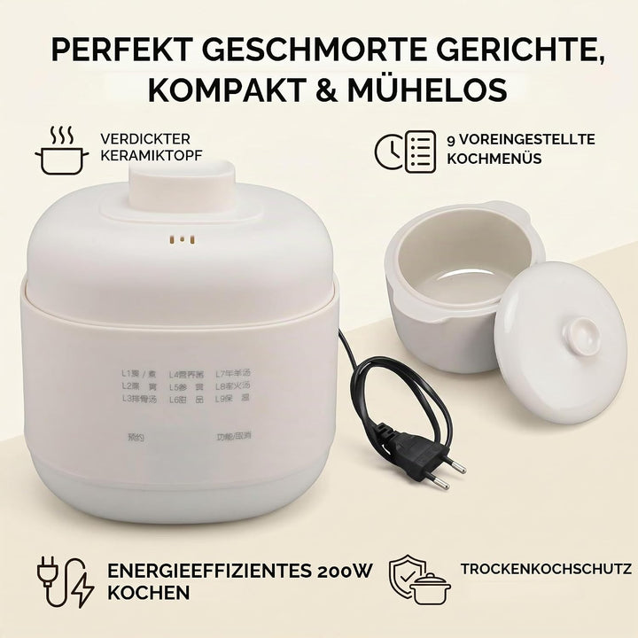 1L Keramik-Suppenkocher, Kleiner Schongarer mit Überhitzungsschutz, Warmhaltefunktion mit Timer-Deck