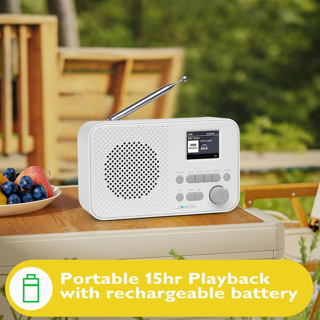 Tragbares DAB+-Radio mit Bluetooth | Wiederaufladbarer Akku mit 15 Stunden Spielzeit oder Netzbetrie