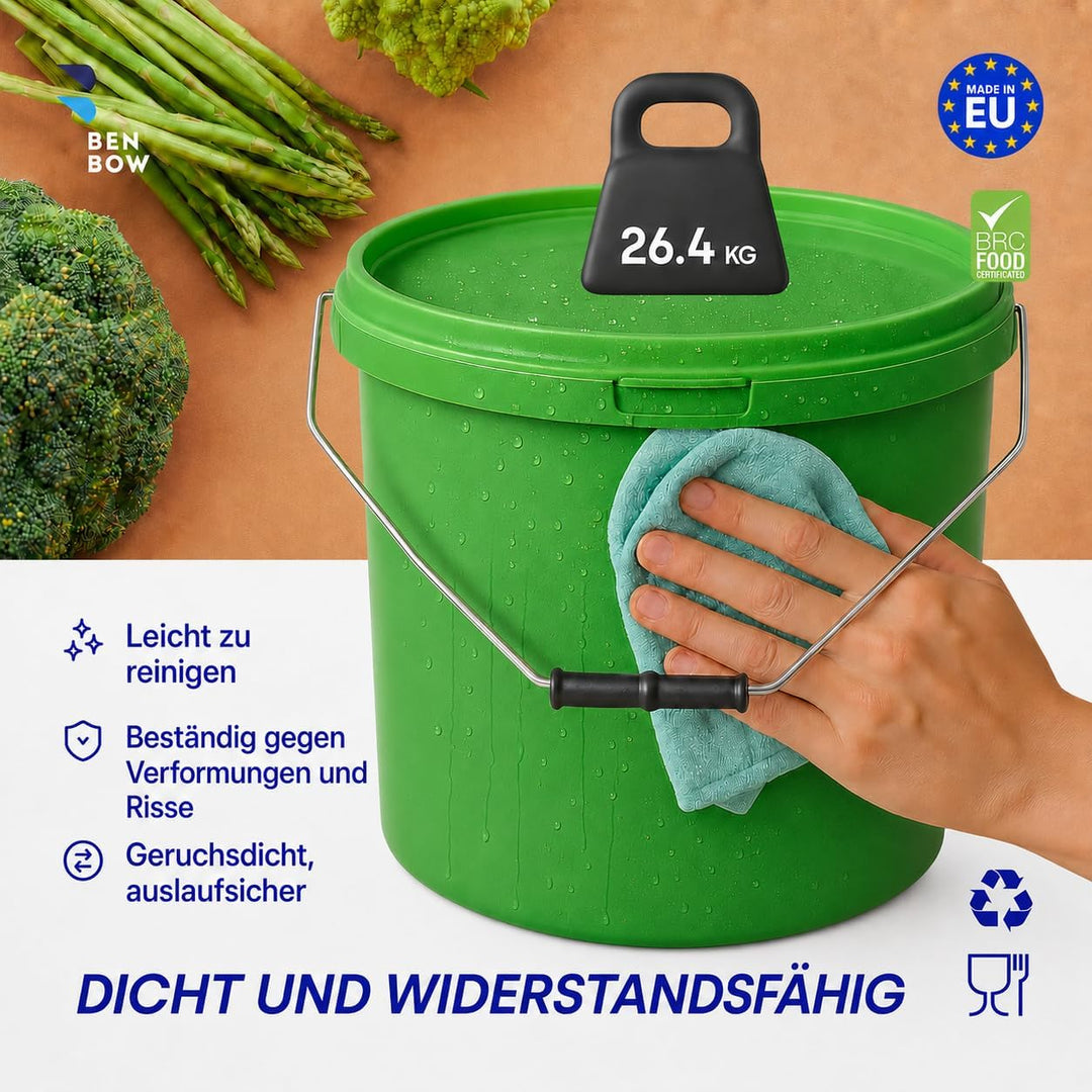BenBow Eimer mit Deckel 10l grün 10x 10 Liter - lebensmittelecht, stabil, luftdicht, auslaufsicher,