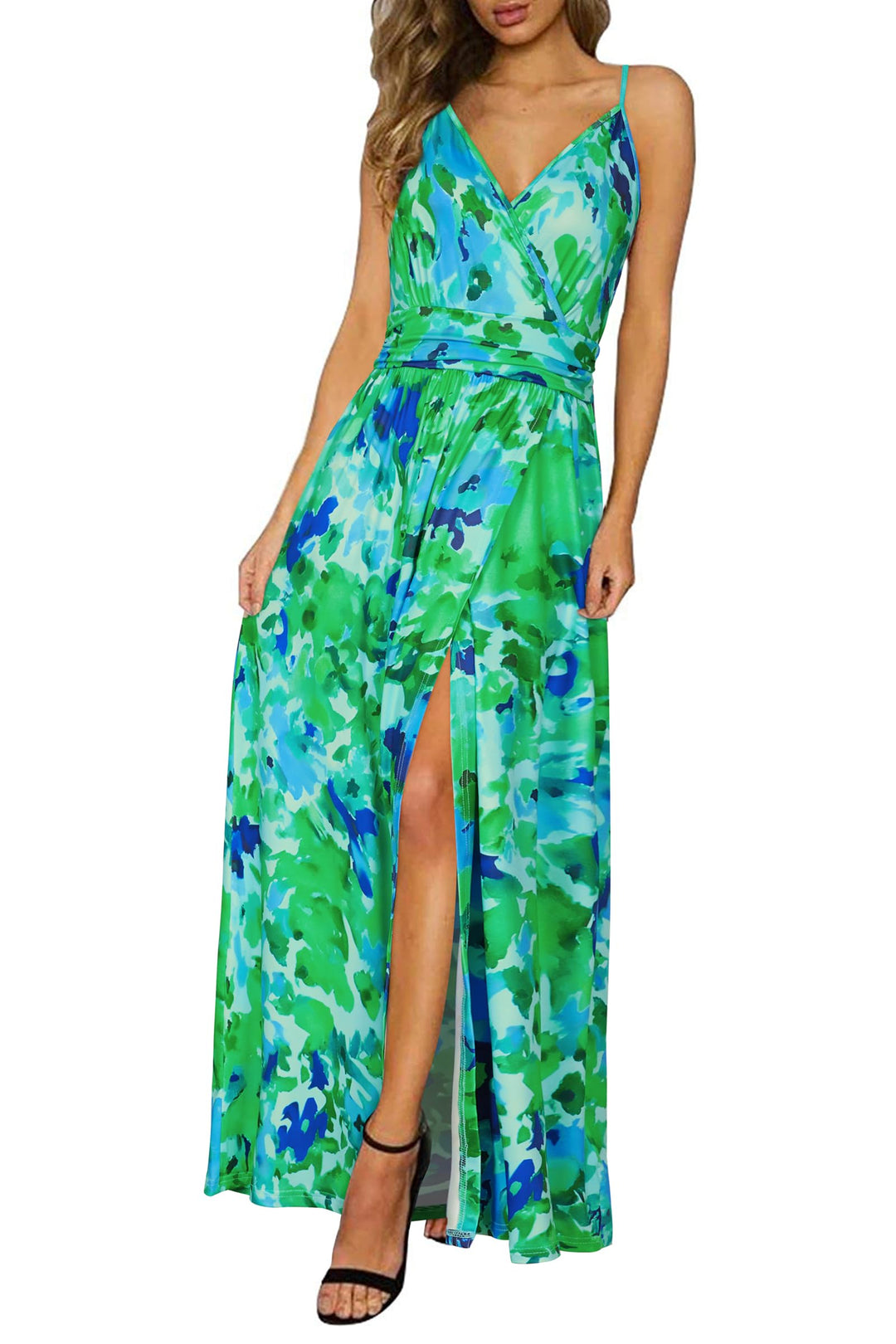 Newshows Sommerkleid Damen Lang Maxikleid Sommer V Ausschnitt Kleid Schlitz Elegant Spaghettiträger