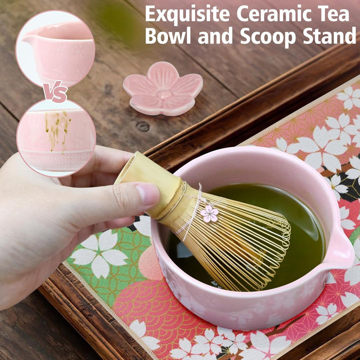 Matcha Set- 8 Stück Macha Tea Set mit Besen, Filtersieb, Schale,Löffel Teetuchunterlage,Geschenkset