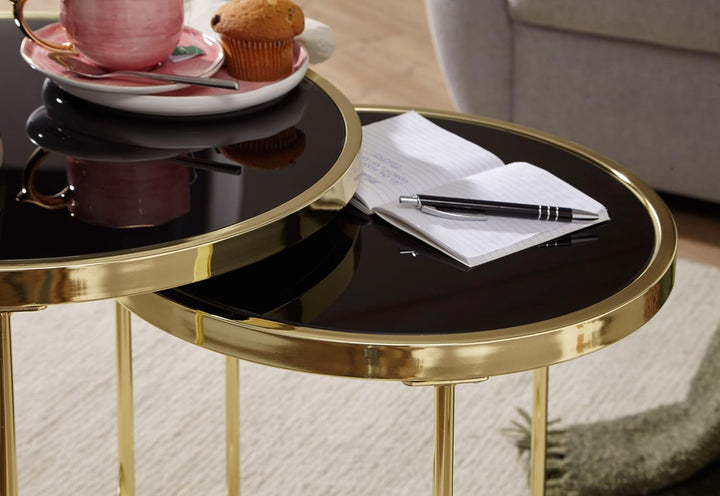 FineBuy Design Satztisch Como schwarz/Gold Beistelltisch Metall/Glas | Couchtisch Set aus 2 Tischen
