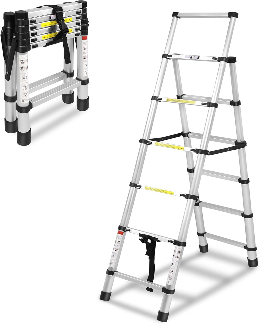 XMTECH 1.7m+1.2m Aluminium Teleskopleiter Klappleiter A-Rahmen 6 + 7 Stufen, Rutschfester Aluleiter