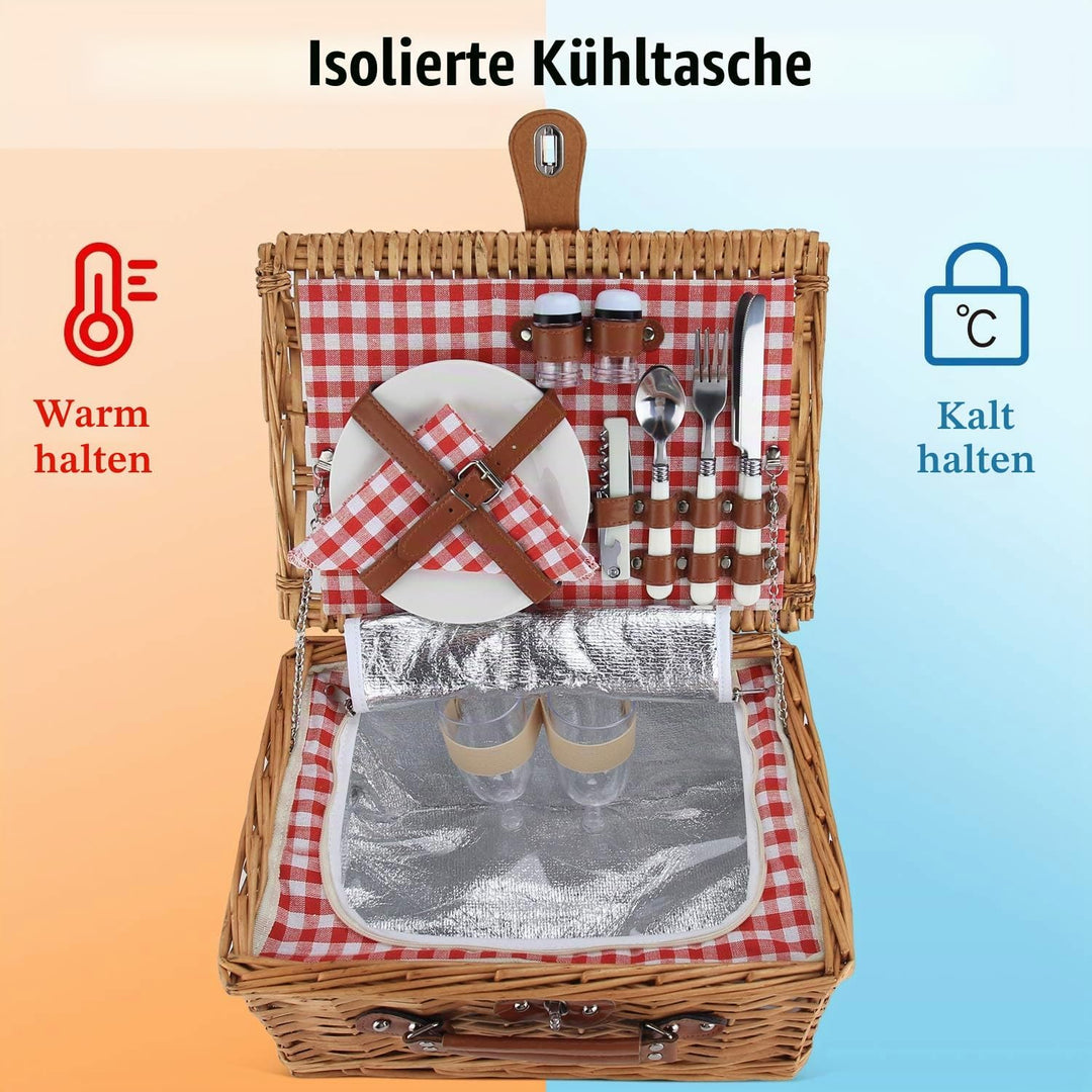 ZORMY Weidenkorb für 2 Personen, Weidenkorb Korb-Sets mit isoliertem Fach, handgefertigter Picknickk