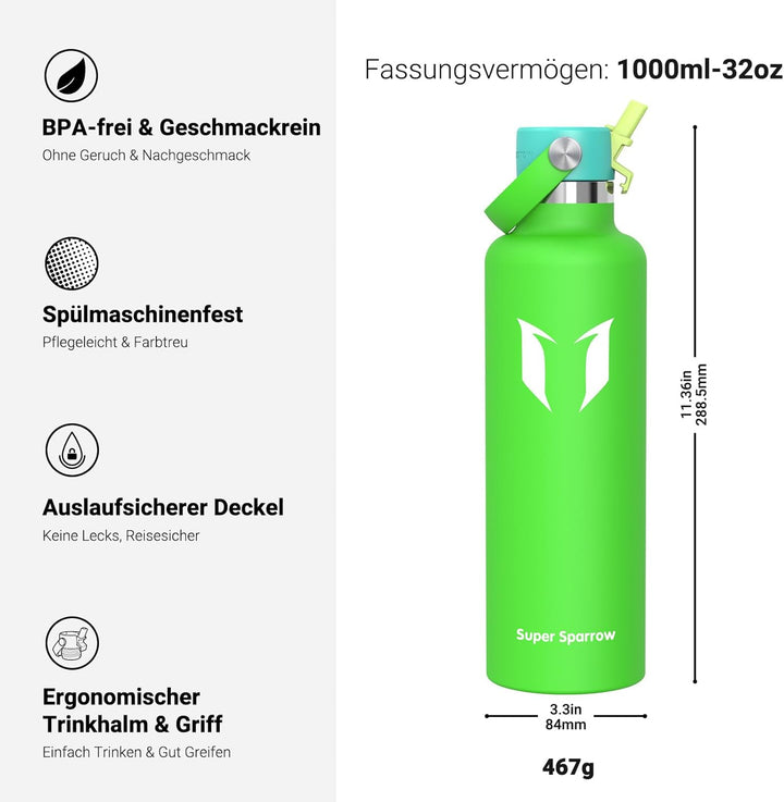 Super Sparrow Trinkflasche Edelstahl - Thermobecher - 350ml, 500ml, 750ml, 1L - Standardmund Stroh-D