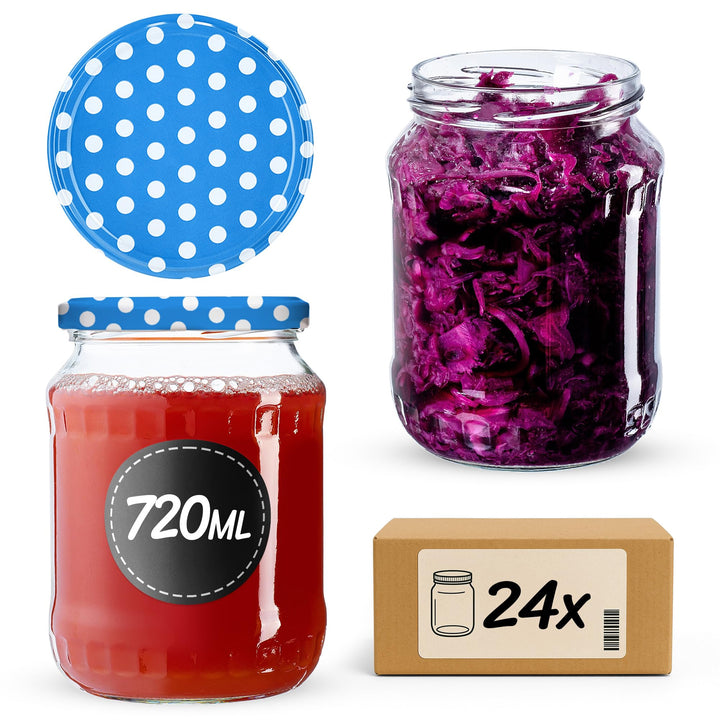 KADAX 24er Set Einmachgläser 720ml TO82 Blau gepunktet, Grosse Sturzgläser mit Schraubdeckel, Einkoc