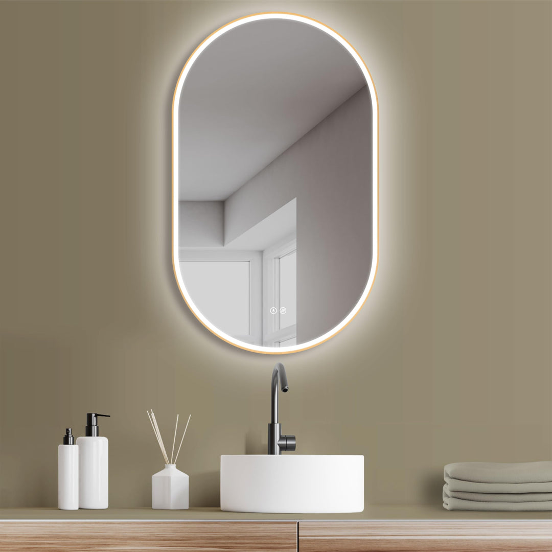 HOKO Badezimmerspiegel LED Oval 50x90 cm / 90x50 cm London mit Rahmen Gold, Anti-Beschlag, energiesp