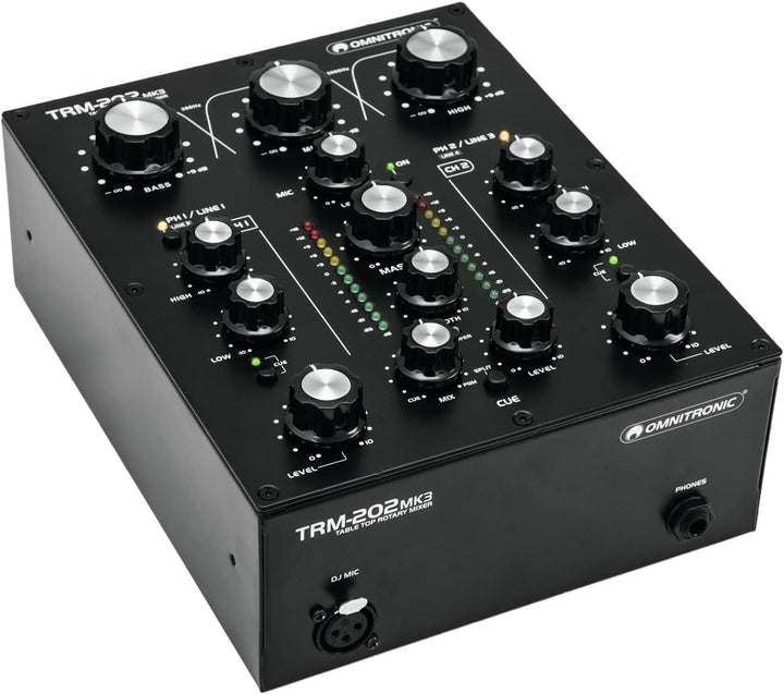OMNITRONIC TRM-202 MK3 2-Kanal Rotary-Mixer mit 3-Band-Frequenzisolator | Gainregler, 2-Band-Equaliz