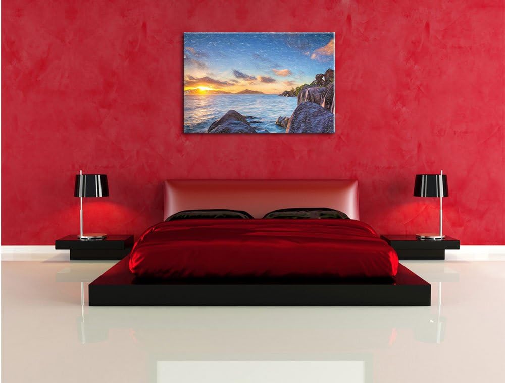 Pixxprint Sonnenuntergang Seychellen als Leinwandbild/Grösse: 100x70 cm/Wandbild/Kunstdruck/fertig b