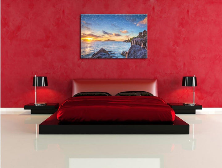 Pixxprint Sonnenuntergang Seychellen als Leinwandbild/Grösse: 100x70 cm/Wandbild/Kunstdruck/fertig b
